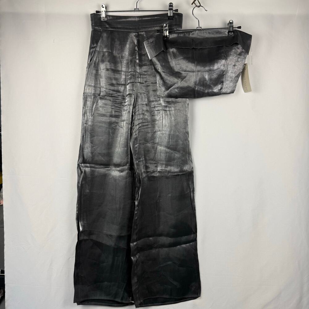 Silver Metallic Crop Tube Top Wide Leg High Rise Pant 2 Piece Set Size S